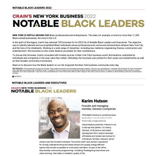 Crain's New York Business Selects Karim Hutson as one of 2022's Notable Black Leaders